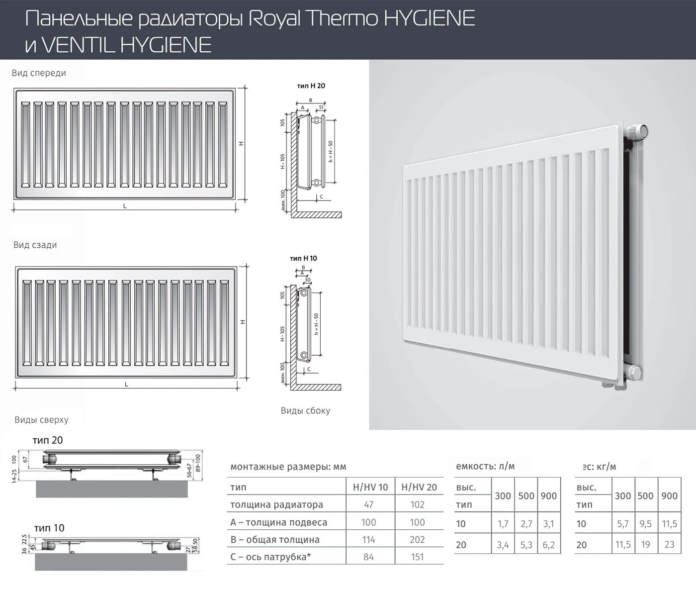 Стальной панельный радиатор Тип 20 Royal Thermo VENTIL HYGIENE 20-600-2000
