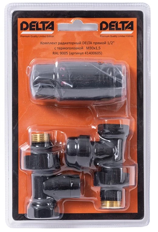 Комплект радиаторный Delta угловой 1/2 с термоголовкой М30х1,5 RAL 9005